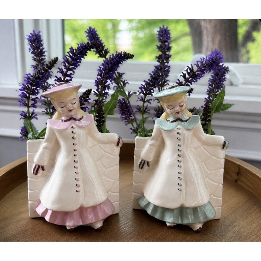 Vintage Girl Planter Pair Japan Napco Style Pink Mint Kitsch Set Of 2 MCM Vase